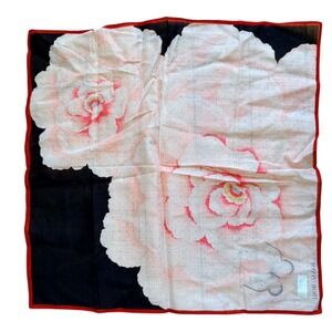 NWT Hanae Mori Handkerchief Pink White Floral Butterfly Black Red Trim Women
